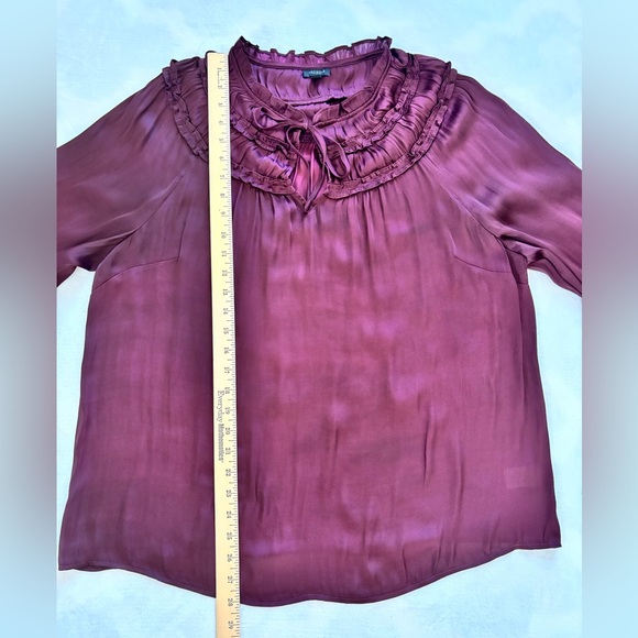 Talbots Top Burgundy Purple Satin Ruffle Neck Tie Front Blouse Long Sleeve SzXL - Picture 4 of 10